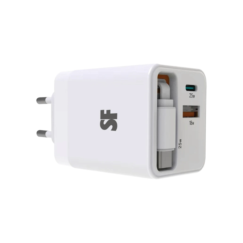 Supa Fly 50W Dual USB Wall Charger Retractable Type-C Cable - White - White