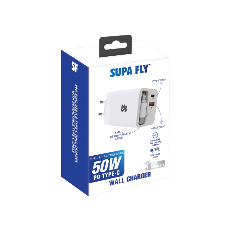 Supa Fly 50W Dual USB Wall Charger Retractable Type-C Cable - White - White