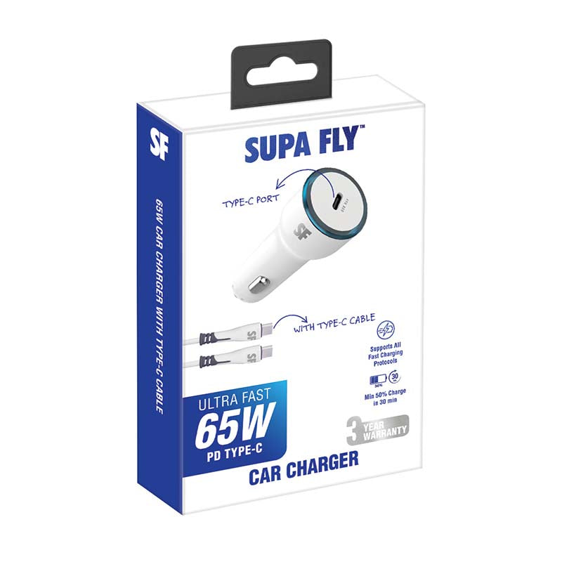 Supa Fly 65W Car Charger With Type C Cable - White - White
