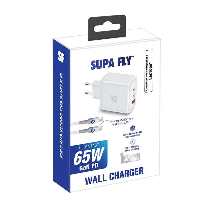 Supa Fly 65W GAN Wall Charger with Type C Cable - White - White