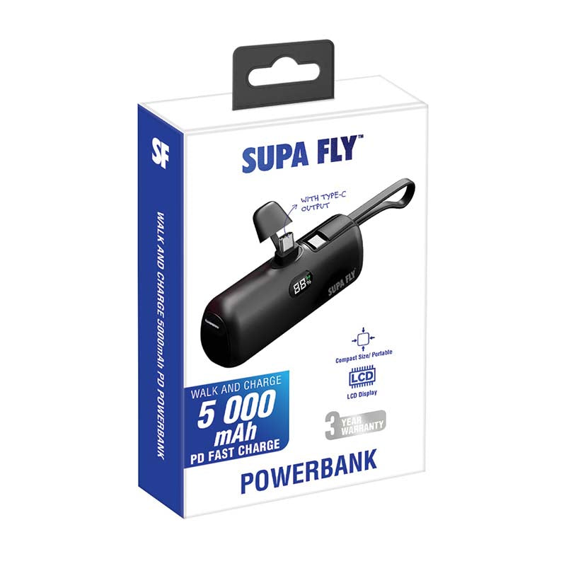 Supa Fly Fast Portable Power Bank 5 000mAh with Lightning Cable - Black - Black
