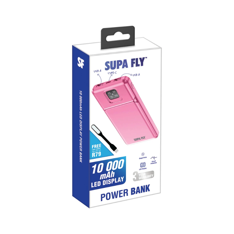 Supa Fly Power Bank 10000mAh LED Display - Pink - Pink