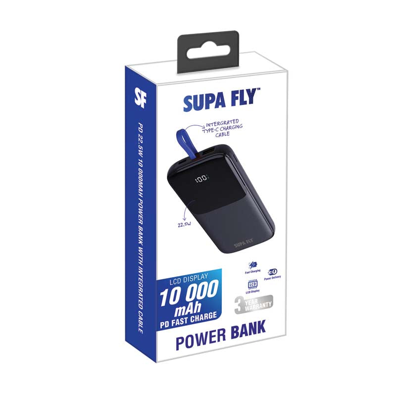 Supa Fly Power Bank 10000mAh PD 22.5W With Integrated Type-C Cable - Black