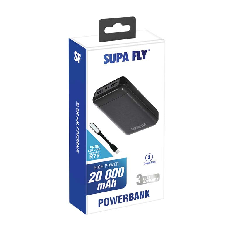Supa Fly Power Bank 20000mAh LED with USB Light - Black - Black