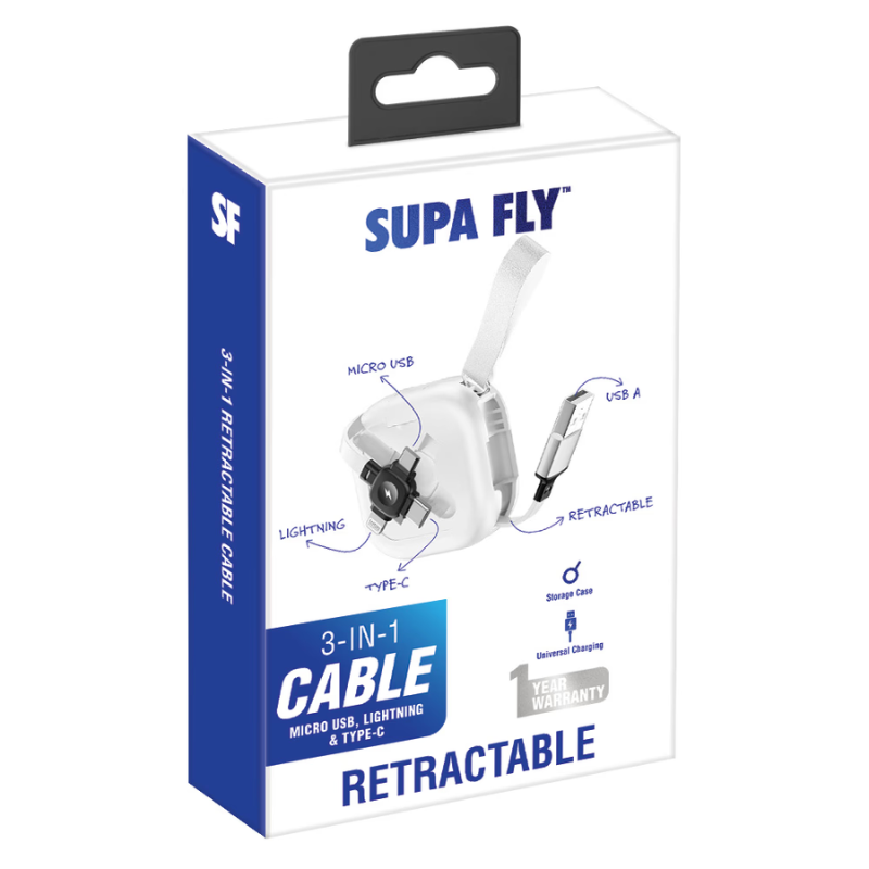 Supa Fly Retractable 3-in-1 Charging Cable - White - White