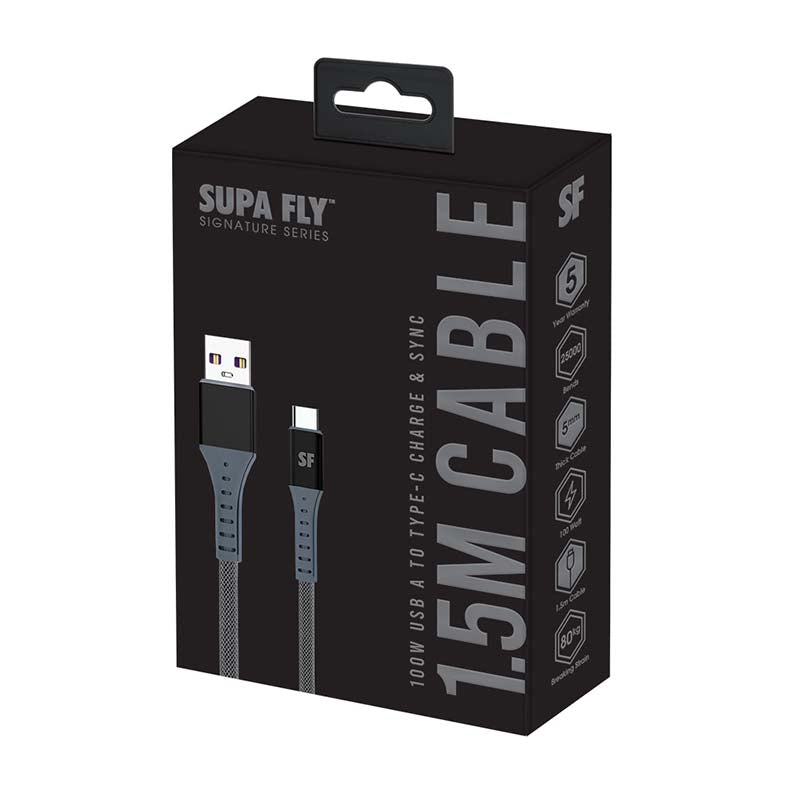 Supa Fly Signature Series 1.5m Type-C to USB Cable - Grey - Grey