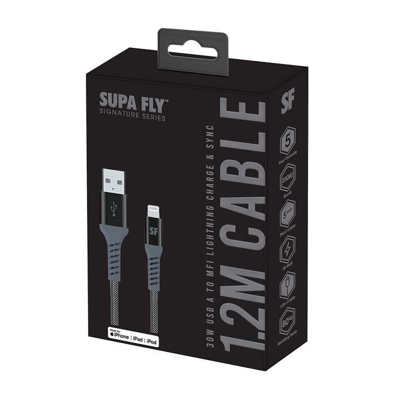 Supa Fly Signature Series Type-A to Lightning MFI Cable - Grey - Grey