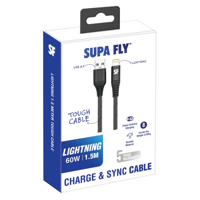 Supa Fly Tough Cable USB A To Lightning Charge And Sync 1.5m Cable - Black - Black