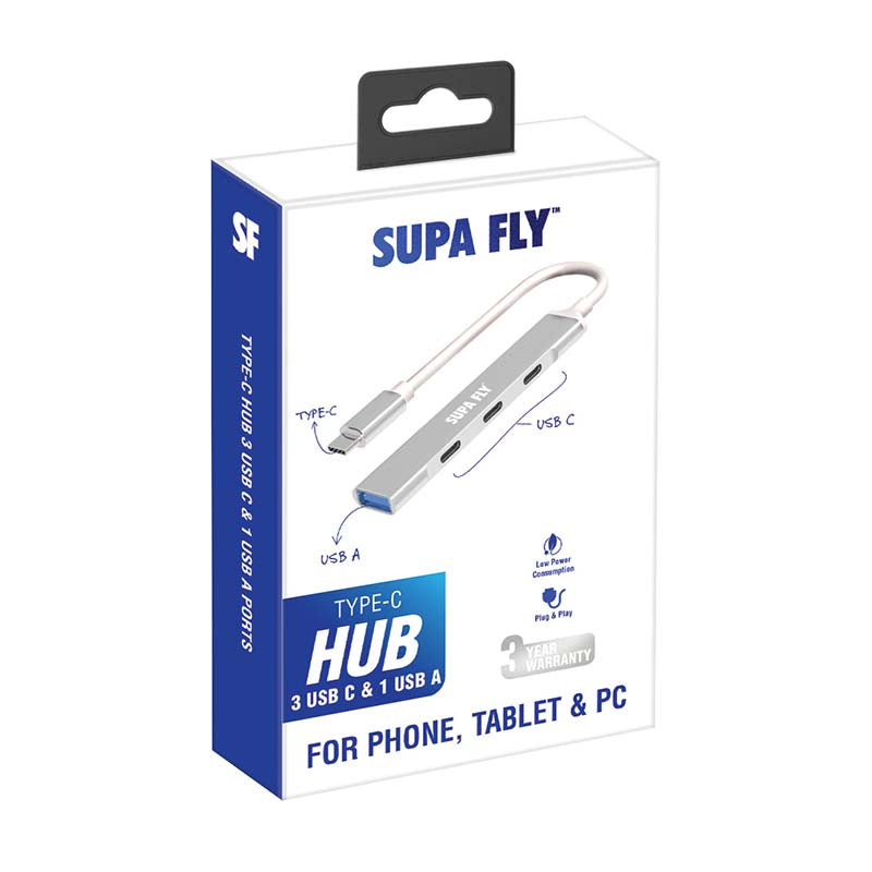 Supa Fly Type C & USB C 4 Port Hub - Silver - Silver