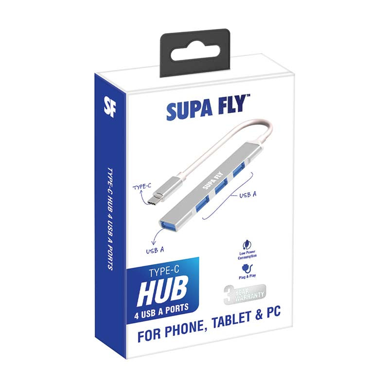 Supa Fly USB 4 Port Type C Hub - Silver - Silver