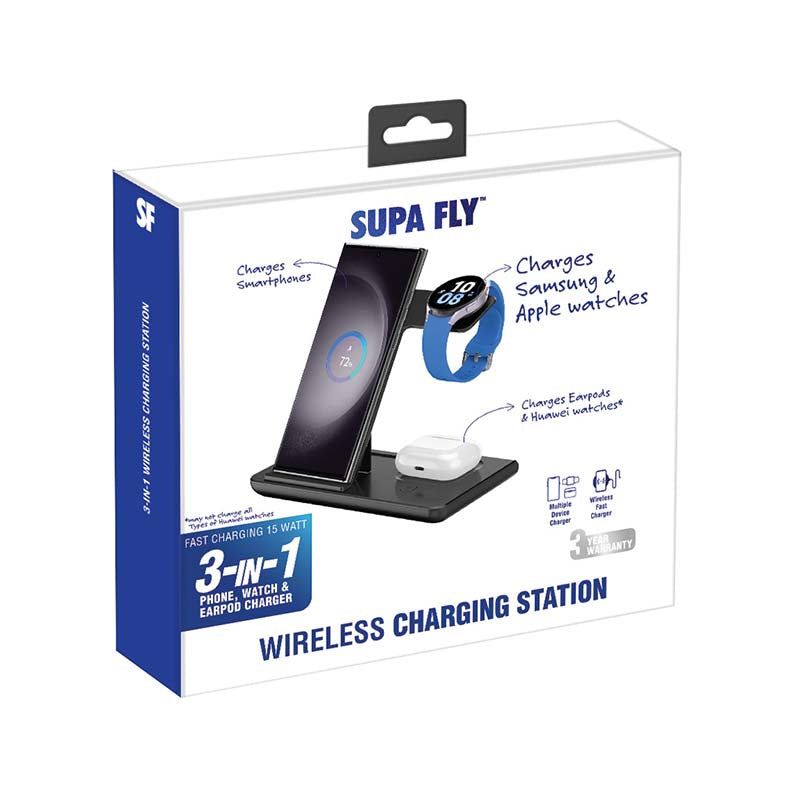 Supa Fly Wireless Charging Station 3-in-1 - Black - Black