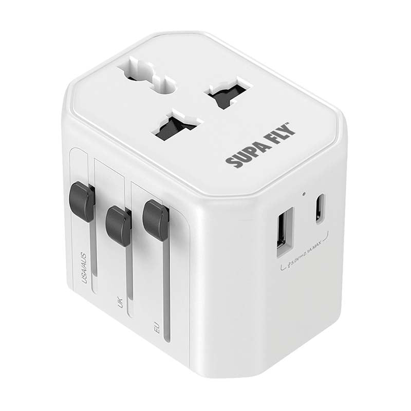 Supa Fly World Wide Travel Adapter 2 Port Type C & USB A - White - White
