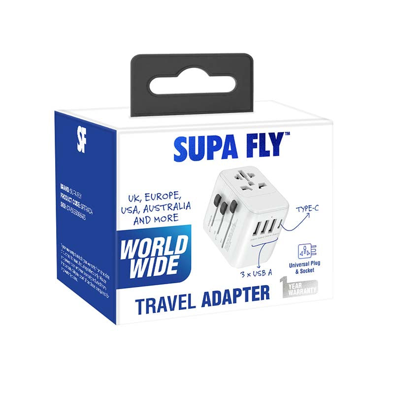 Supa Fly World Wide Travel Adapter 4 Port Type C & USB A - White - White