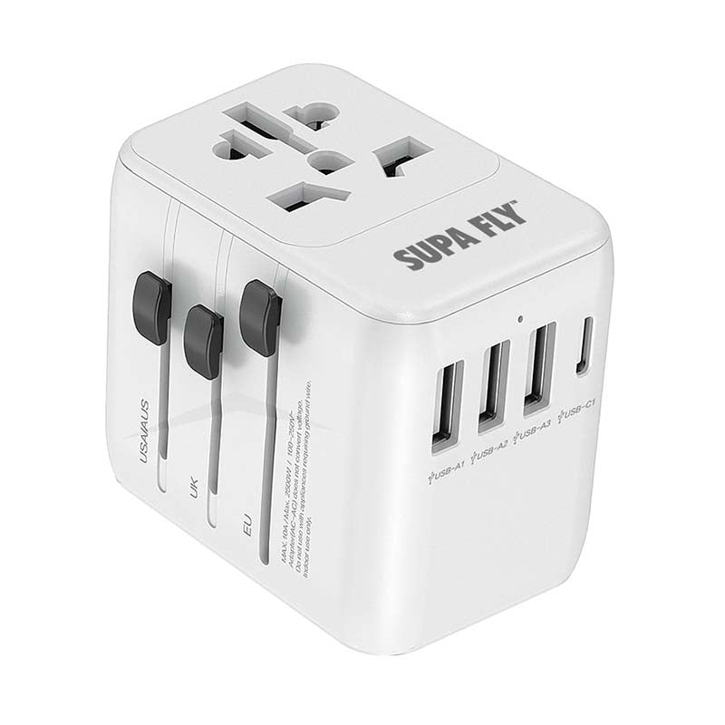 Supa Fly World Wide Travel Adapter 4 Port Type C & USB A - White - White