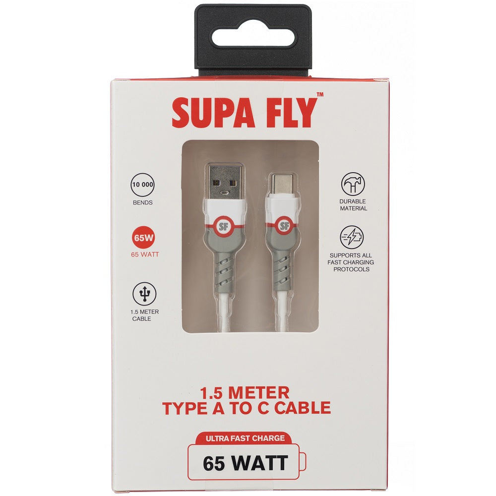 Superfly 1.5m 65W USB Type A to USB Type C Cable – White - White