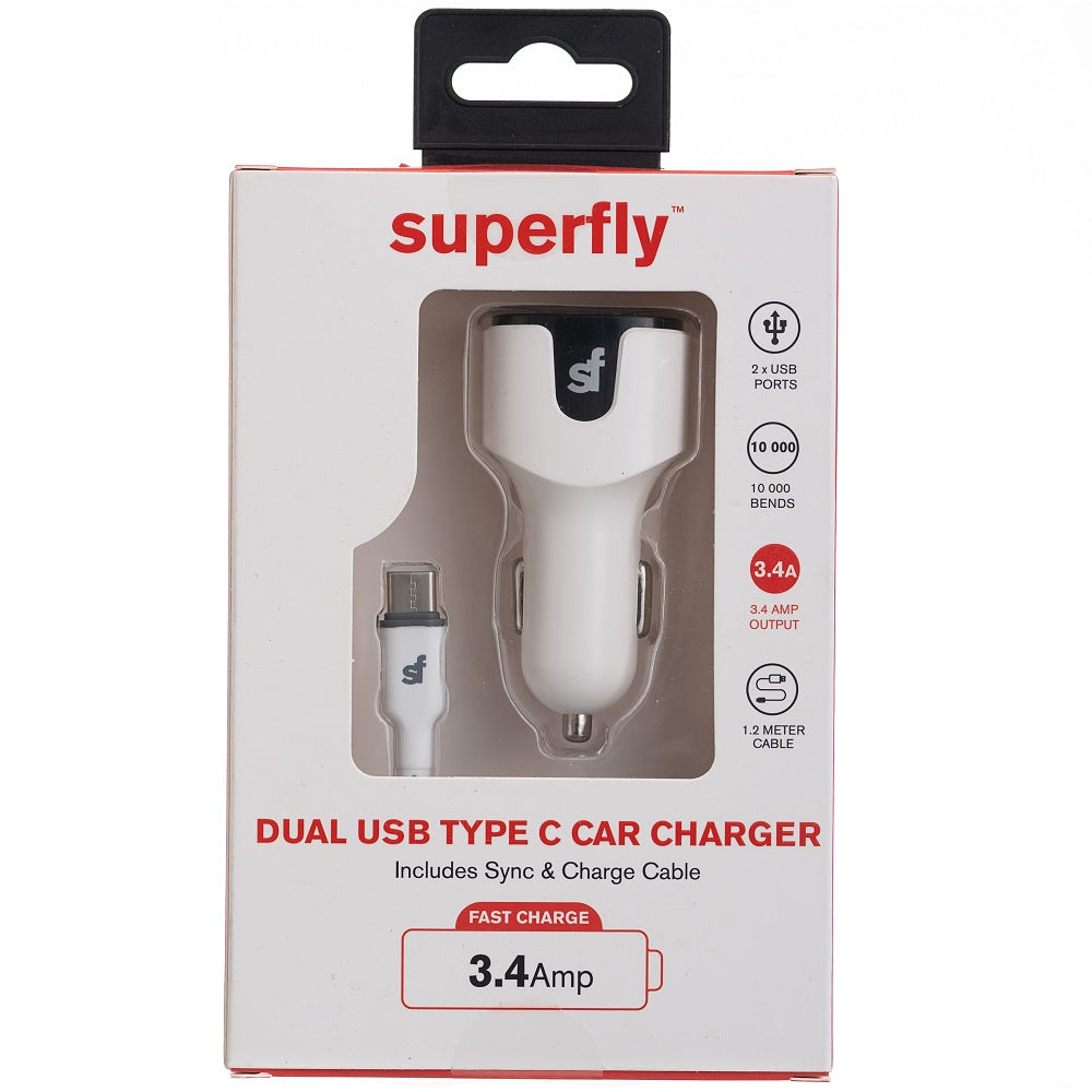 Superfly 3.4A Dual Type C Car Charger - White - White
