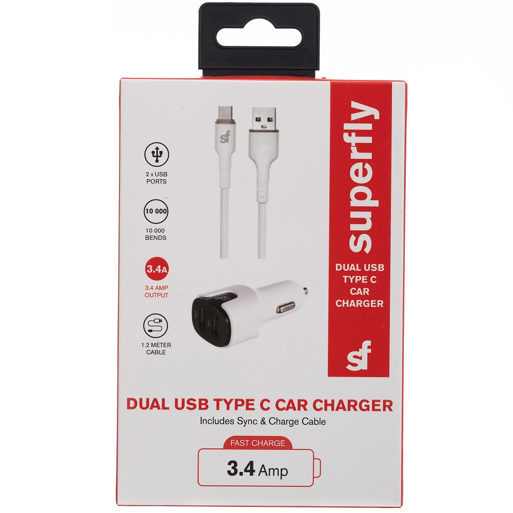 Superfly 3.4A Dual Type C Car Charger - White - White