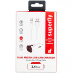 Superfly 3.4A Dual Usb Micro Car Charger - White - White