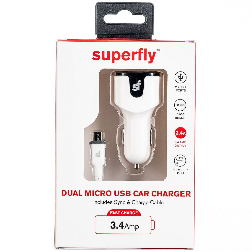 Superfly 3.4A Dual Usb Micro Car Charger - White - White