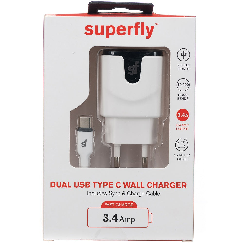 Superfly 3.4A Dual Usb Micro Wall Charger - White - White