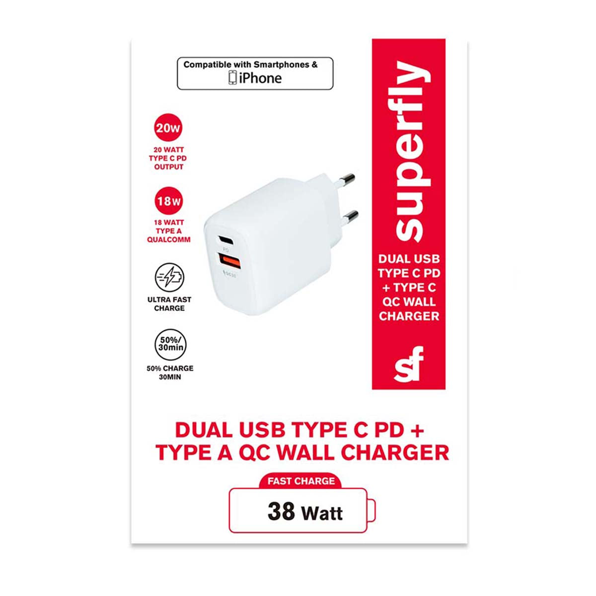 Superfly 38W Dual USB PD and QC Wall Charger - White - White