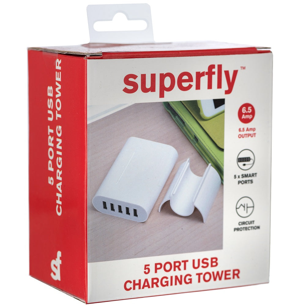 Superfly 5 Port USB charging Tower - White - White