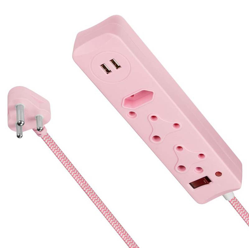 Switched 3 Way Surge Protected Multiplug With Dual 2.4A USB Ports 0.5M - Pink - Pink