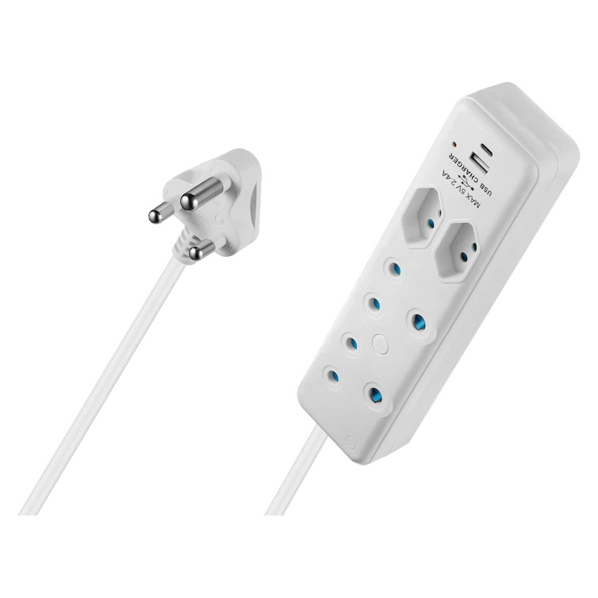 Switched 4 Way Extension Lead with USB Type C & 4m Extension Cord - White - Electrical