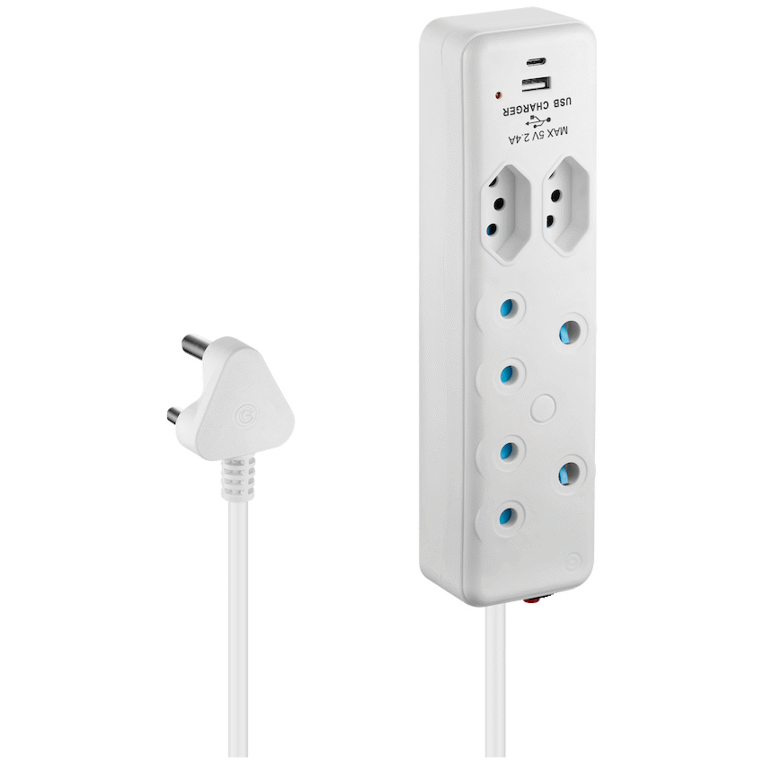 Switched 4 Way Extension Lead with USB Type C & 4m Extension Cord - White - Electrical