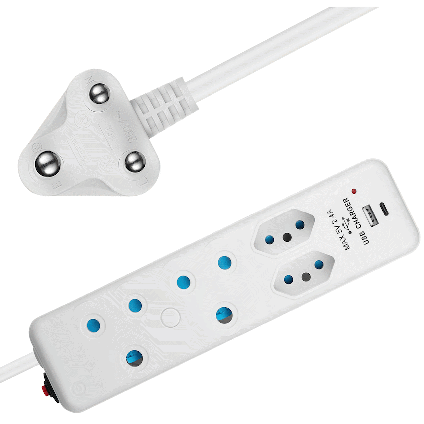 Switched 4 Way Extension Lead with USB Type C & 4m Extension Cord - White - Electrical