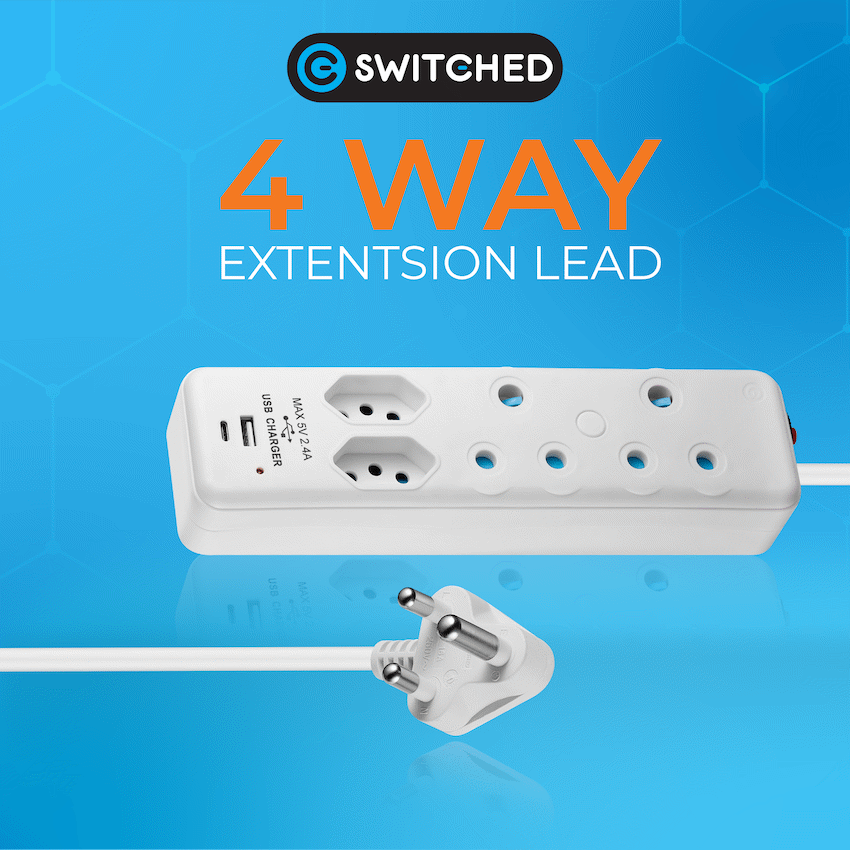 Switched 4 Way Extension Lead with USB Type C & 4m Extension Cord - White - Electrical