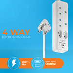 Switched 4 Way Extension Lead with USB Type C & 4m Extension Cord - White - Electrical