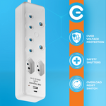 Switched 4 Way Extension Lead with USB Type C & 4m Extension Cord - White - Electrical