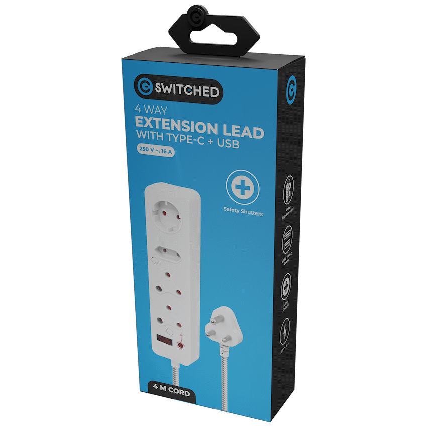 Switched 4 Way Extension Lead with USB Type C & 4m Extension Cord - White - Electrical