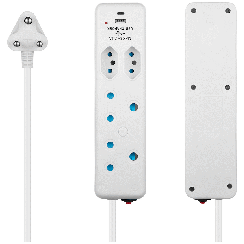 Switched 4 Way Extension Lead with USB Type C & 4m Extension Cord - White - Electrical