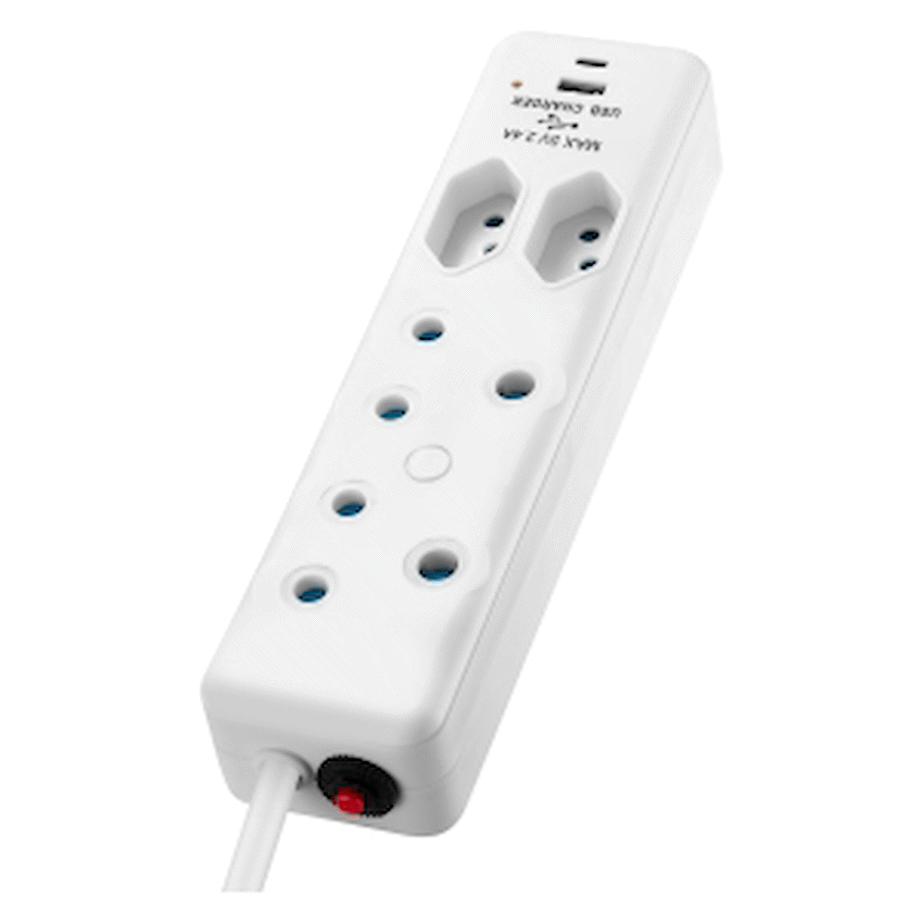 Switched 4 Way Extension Lead with USB Type C & 4m Extension Cord - White - Electrical