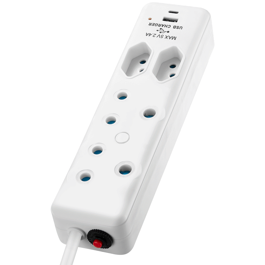 Switched 4 Way Extension Lead with USB Type C & 4m Extension Cord - White - Electrical