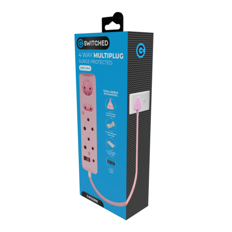 Switched 4 Way Surge Protected Multiplug 0.5M - Pink - Pink
