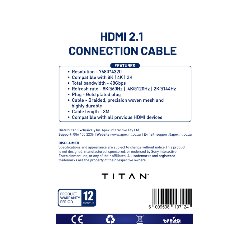 Titan PS High-Speed HDMI Cable – 3M 8K @ 60Hz - Black