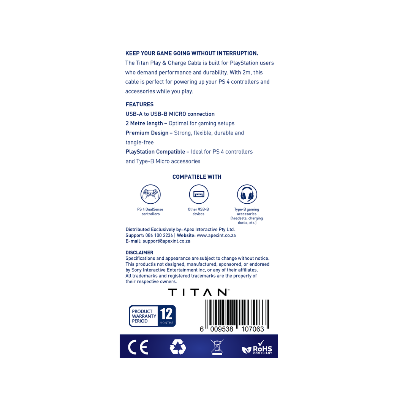 Titan PS4 USB A-B 2M Charge Cable