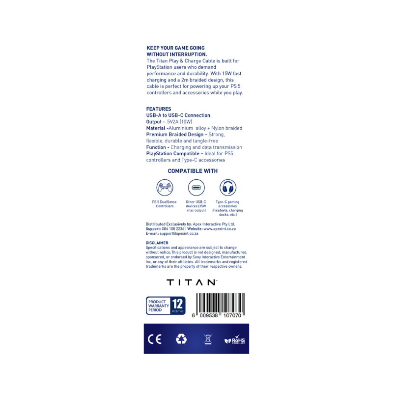 Titan PS5 USB A-C 2M Charge Cable