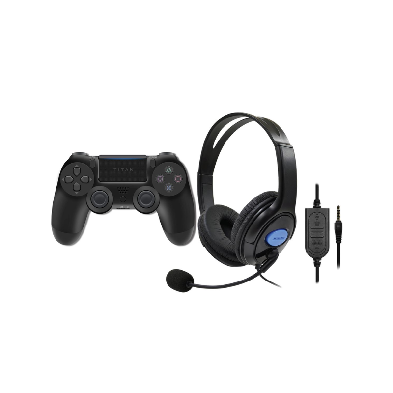 Titan Wireless Bluetooth Controller & Wired Headset Bundle PS4 - Black - Black