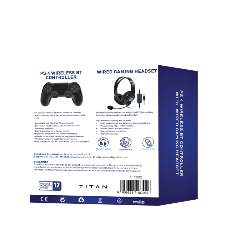 Titan Wireless Bluetooth Controller & Wired Headset Bundle PS4 - Black - Black