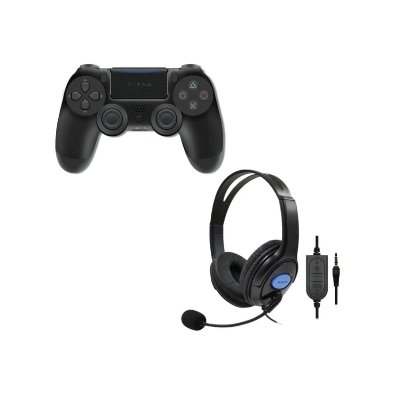 Titan Wireless Bluetooth Controller & Wired Headset Bundle PS4 - Black - Black
