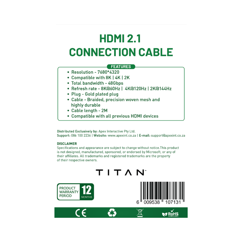 Titan XB High-Speed HDMI Cable – 2M 8K @ 60Hz - Black