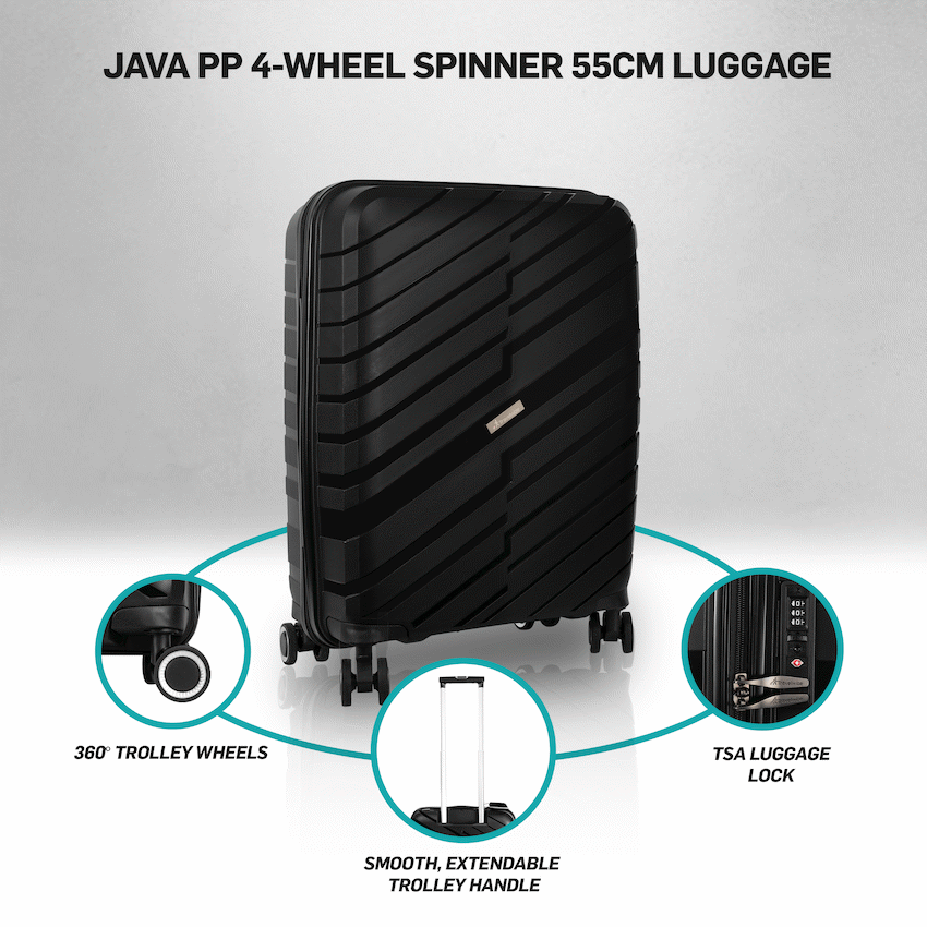 Travelwize Java PP 4-Wheel Spinner 55cm Luggage - Black - Black - Luggage
