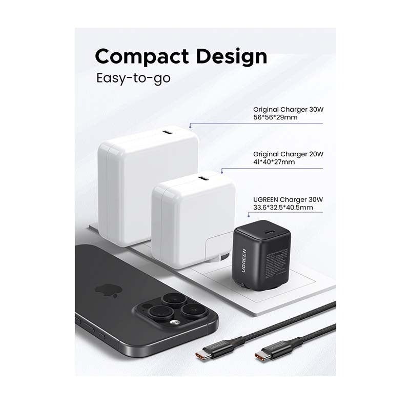 UGREEN 1 Port 30W PD Wall Charger With Cable - Black - Black