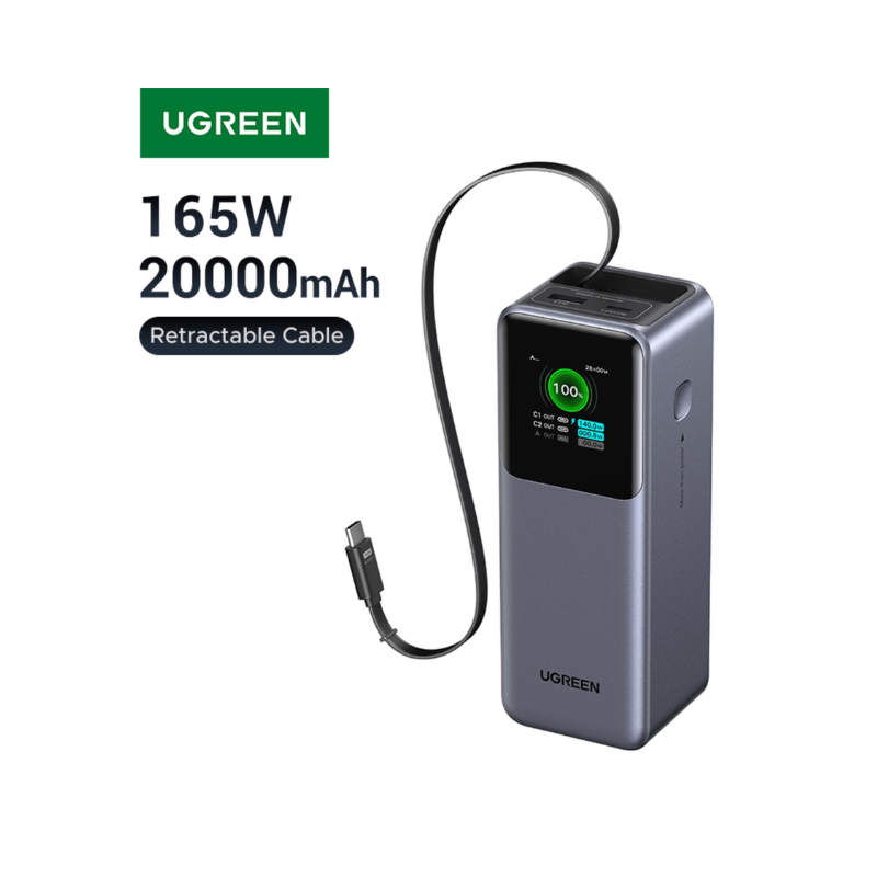 UGREEN 20000mAh Power Bank With Retractable Cable 165W – Grey - Grey