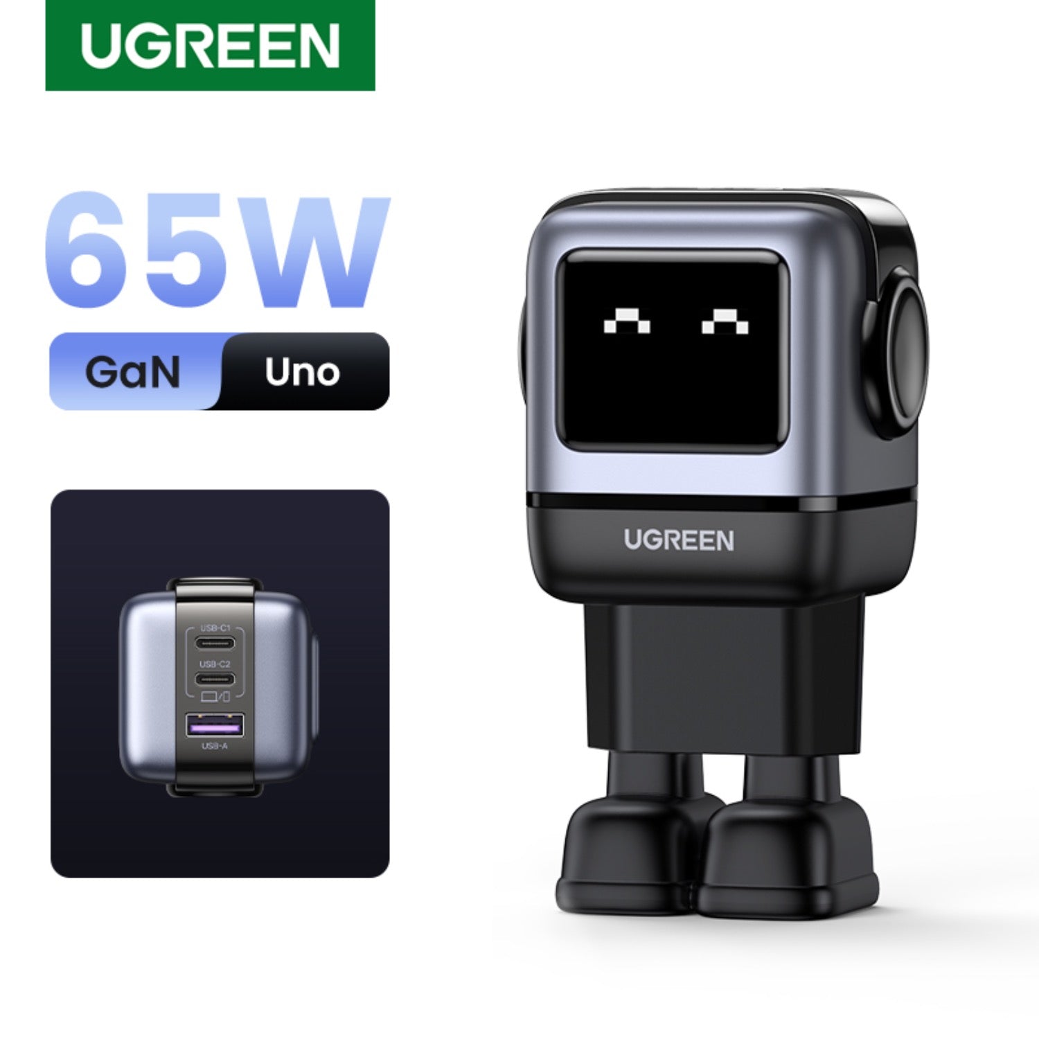 UGreen 65W Nexode RG 3 Port USB-C GaN Fast Charger - Grey - Grey