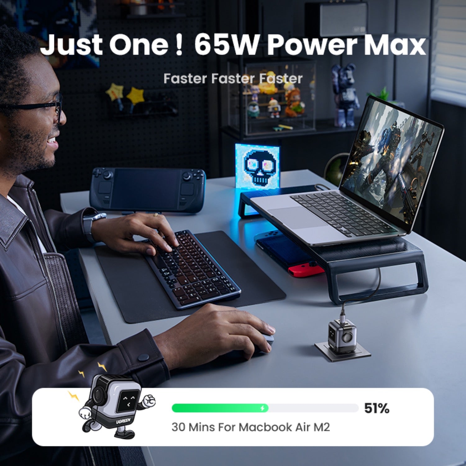 UGreen 65W Nexode RG 3 Port USB-C GaN Fast Charger - Grey - Grey